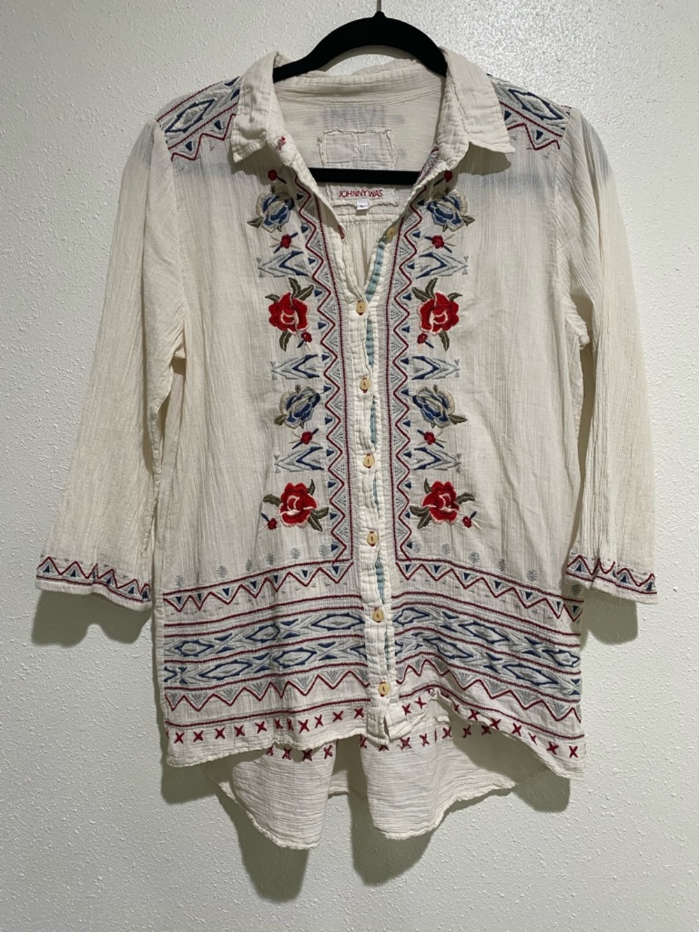 Johnny Was Cream Button-Down Tunic with Red & Blue Embroidery